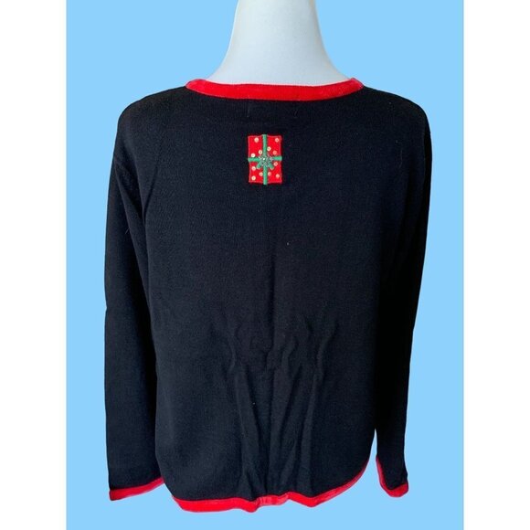 BEREK LADIES VINTAGE LS BLACK CHRISTMAS PACKAGE CARDIGAN SWEATER EUC L - Picture 3 of 6